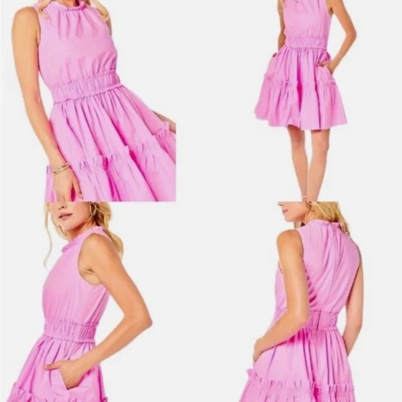 Lilly Pulitzer Elina Cotton Poplin Stretch Tiered Ruffle Rose Pink Dress, 6 - Picture 2 of 16
